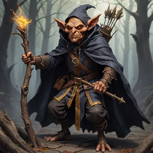Prompt: a Hobgoblin Wild Magic sorcerer he carrys a Gnarled wooden Staff along with a Crossbow on his back he is wearing a long cloak which has markings of Deep Magic alongside his piercing yellow Eyes 