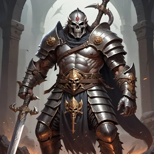 Prompt: DND Goliath Fighter wielding a greatsword and wearing Mail armour with a symbol of the god of death on his chest along with 2 daggers and a sickle on his belt