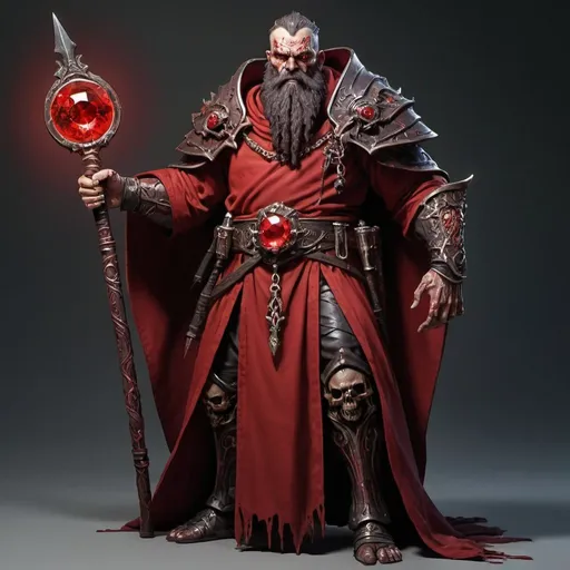 Prompt: Goliath Wizard blood red robes with a large ebony staff with a red gem on top his eyes glow blood red along with 2 large facial scars and a massive beard he wears light robes with shoulder plates and braces and has a annoyed look with a shrunken skull on his belt