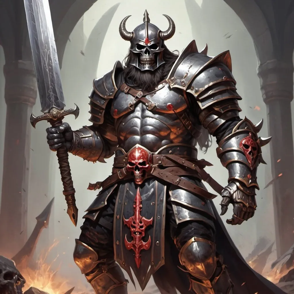 Prompt: DND Goliath Fighter wielding a greatsword and wearing Mail armour with a symbol of the god of death on his chest along with 2 daggers and a sickle on his belt