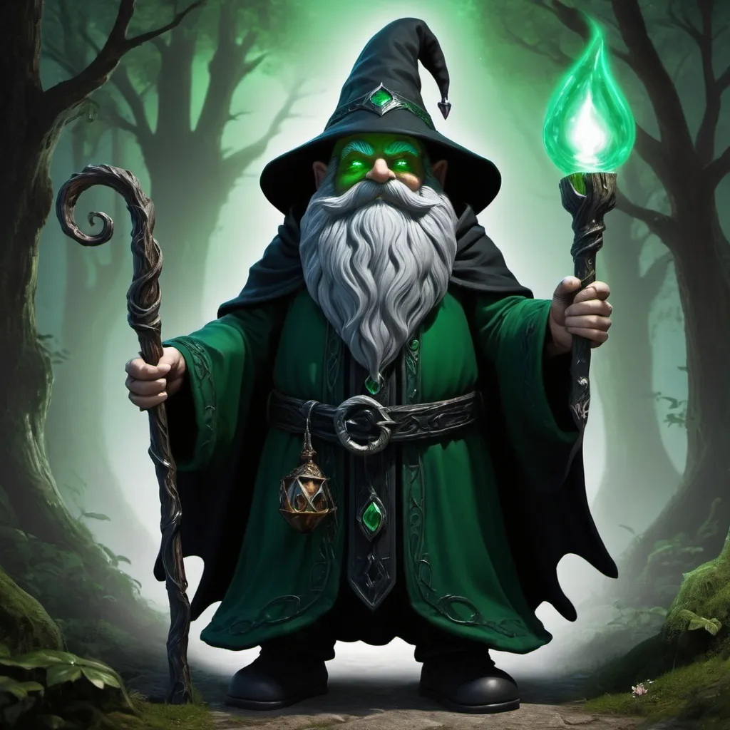 Prompt: Deep Gnome Shadow Magic sorcerer 4 foot 2 with a large for his size staff with a Deep Green Emerald at the top he wears a Deep Black Cloak with shadows swirling around it along with 2 Deep green Eyes glowing under pulsing with Magic with a deep Black long beard 