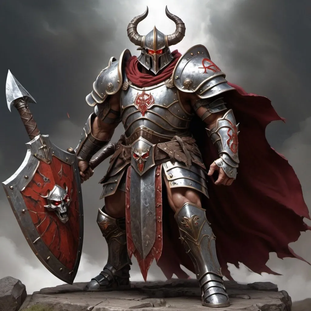 Prompt: Goliath Paladin in Half Plate armour carrying a Greataxe with shining blades along with a Big Shield on his back with a Viper on it he Wears a Cloak with the symbol of the God of Chaos along with a God of Chaos Holy Symbol he has deep Crimson eyes and 2 Large Facial scars along with Chaos markings on his arms and chest