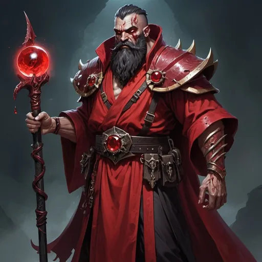 Prompt: Triton Wizard blood red robes with a large ebony staff with a red gem on top his eyes glow blood red along with 2 large facial scars and a massive beard he wears light robes with shoulder plates and braces and has a annoyed look with a shrunken skull on his belt