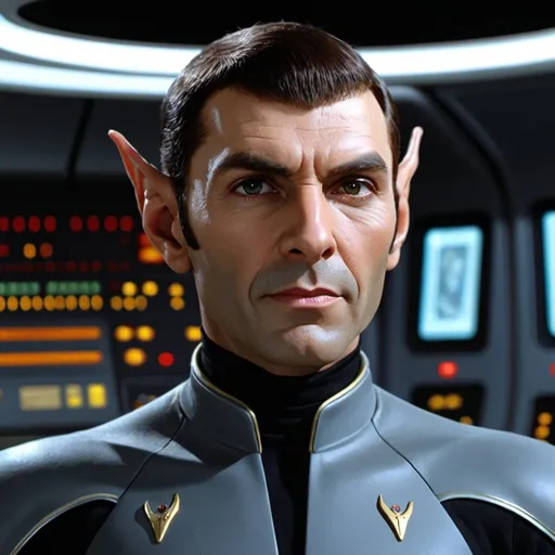 Prompt: /imagine prompt: Create a highly detailed 3D render of a Vulcan alien from the Starship Enterprise. The Vulcan should have pointed ears, a calm and logical expression, and be dressed in a Starfleet uniform. The background should feature the bridge of the Enterprise with futuristic control panels and a view of space. Include typical Vulcan characteristics such as prominent eyebrows and a serene demeanor. --v 5 --ar 16:9 --q 2 --style sci-fi