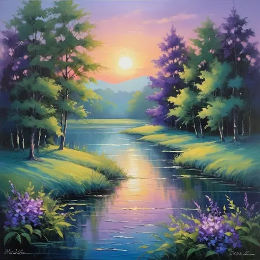 Prompt: Capture the enchanting beauty of a summer evening with a mesmerizing painting in shades of blues, purples, and greens. Let the colors blend and dance together, creating a serene and magical atmosphere. From the soft glow of the setting sun to the gentle rustling of leaves, bring to life the tranquility and wonder of a summer evening on canvas