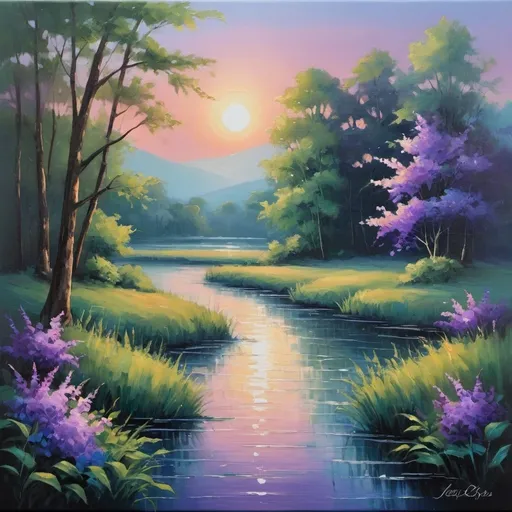 Prompt: Capture the enchanting beauty of a summer evening with a mesmerizing painting in shades of blues, purples, and greens. Let the colors blend and dance together, creating a serene and magical atmosphere. From the soft glow of the setting sun to the gentle rustling of leaves, bring to life the tranquility and wonder of a summer evening on canvas