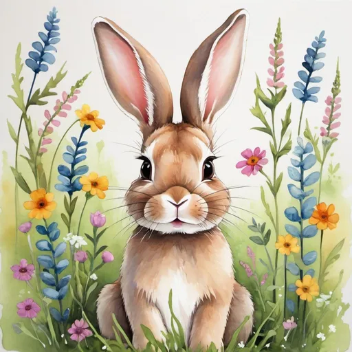 Prompt: Spring bunny in wildflowers painting for a nursery 
