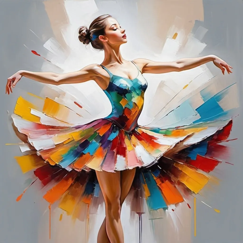 Prompt: Hand Painted, oil paint, Beautiful Ballet Girl in Colorful Dress,  Abstract Figure