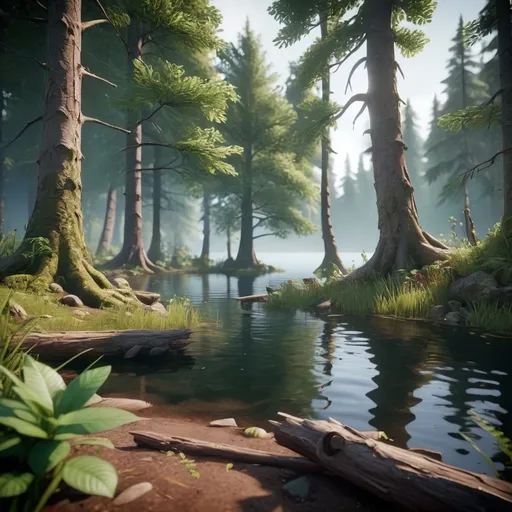 Prompt: a mysterious forest next to a lake, high quality, unreal engine