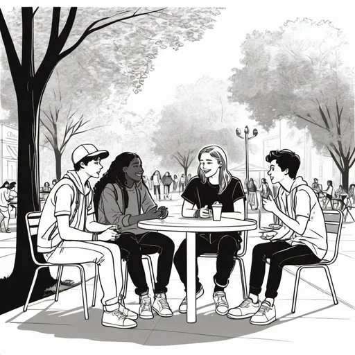 Prompt: line art drawing Illustration of a diverse group of teens hanging out and talking in a park or café