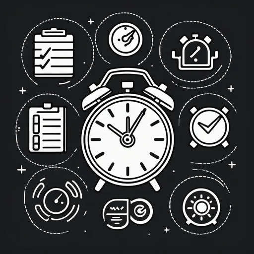 Prompt: line art drawing of gamified Icons representing productivity tools (alarm clock, checklist, etc.) as game perks and power-ups worth points