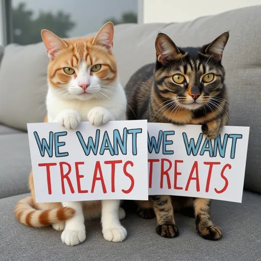 Prompt: A white and orange cat and a tortoiseshell cat in Fort Lauderdale, Florida holding signs that say we want treats