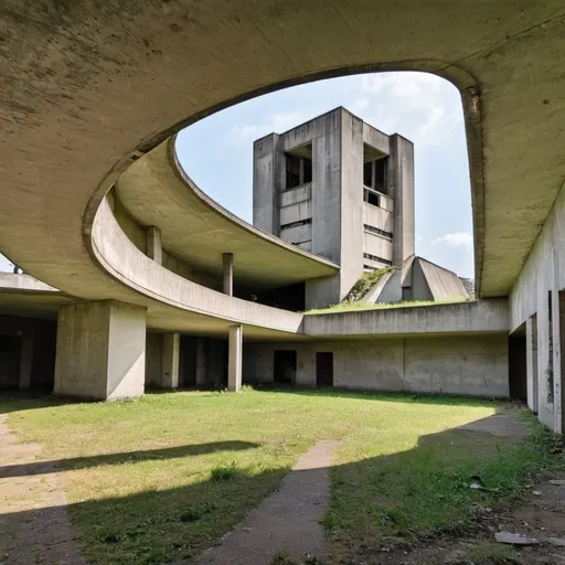 Prompt: outside look at the abandoned concrete protestant church, le corbusier architecture style