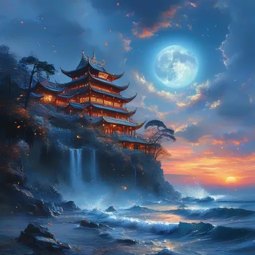 Prompt: (((epic chinese Palace)) landscape trending on art station cinematic glowing twilight nighttime blue moon large dramatic sunset light mystic fog autumn colorful sky illuminating constellations crystal sky dark shadows amazing lighting sea trees autumn leaves crystal lustrous waters receding beachside tide (magical painting glowing falling sakura grand:1.3) particles flying around fire watercolor by JB Waterhouse Carne Griffiths Liu Kuo-Sung