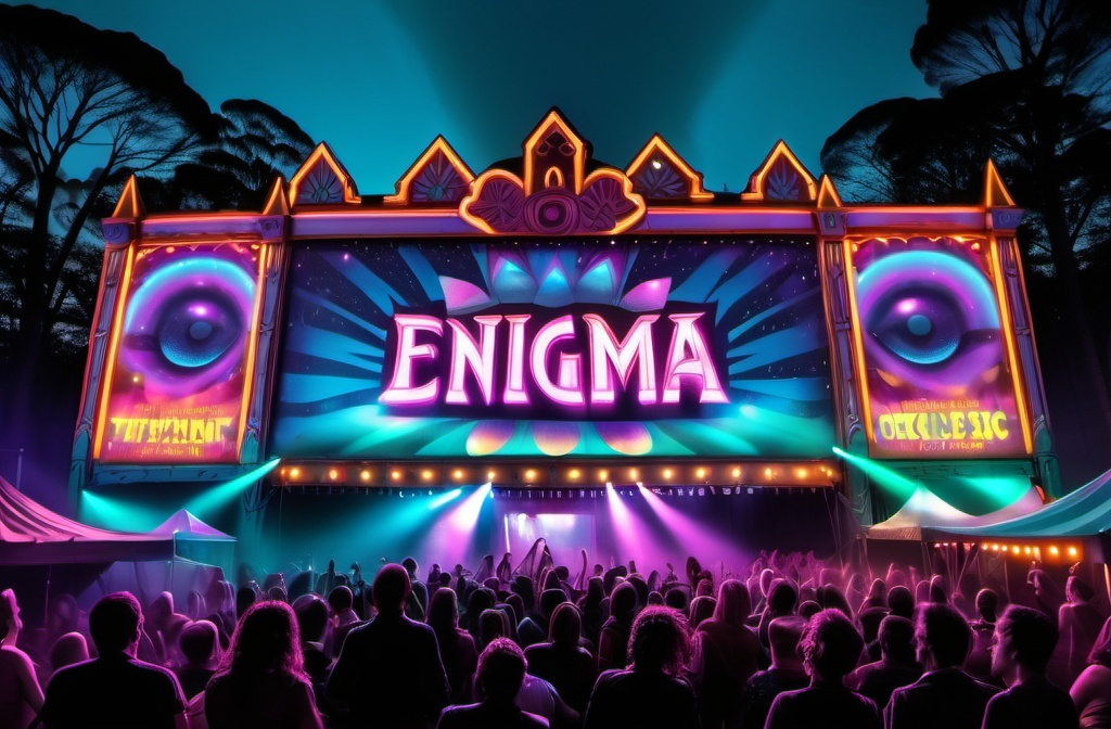 Prompt: sideshow marquee 
big banner sign over opening saying ENIGMA SIDESHOW,
 psycedelic colours,
 dj playing to crowd sitting on couches in front in a forrest at dusk 
laser lights in sky
big sound system 

