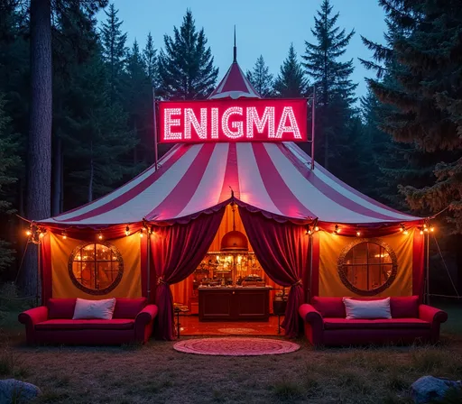 Prompt: Sideshow Marquee in a dusk forrest, dj playing and sofas all around, over the opening a huge banner with the words 
ENIGMA SIDESHOW
 vibrant colors,, circus theme, festival atmosphere, 