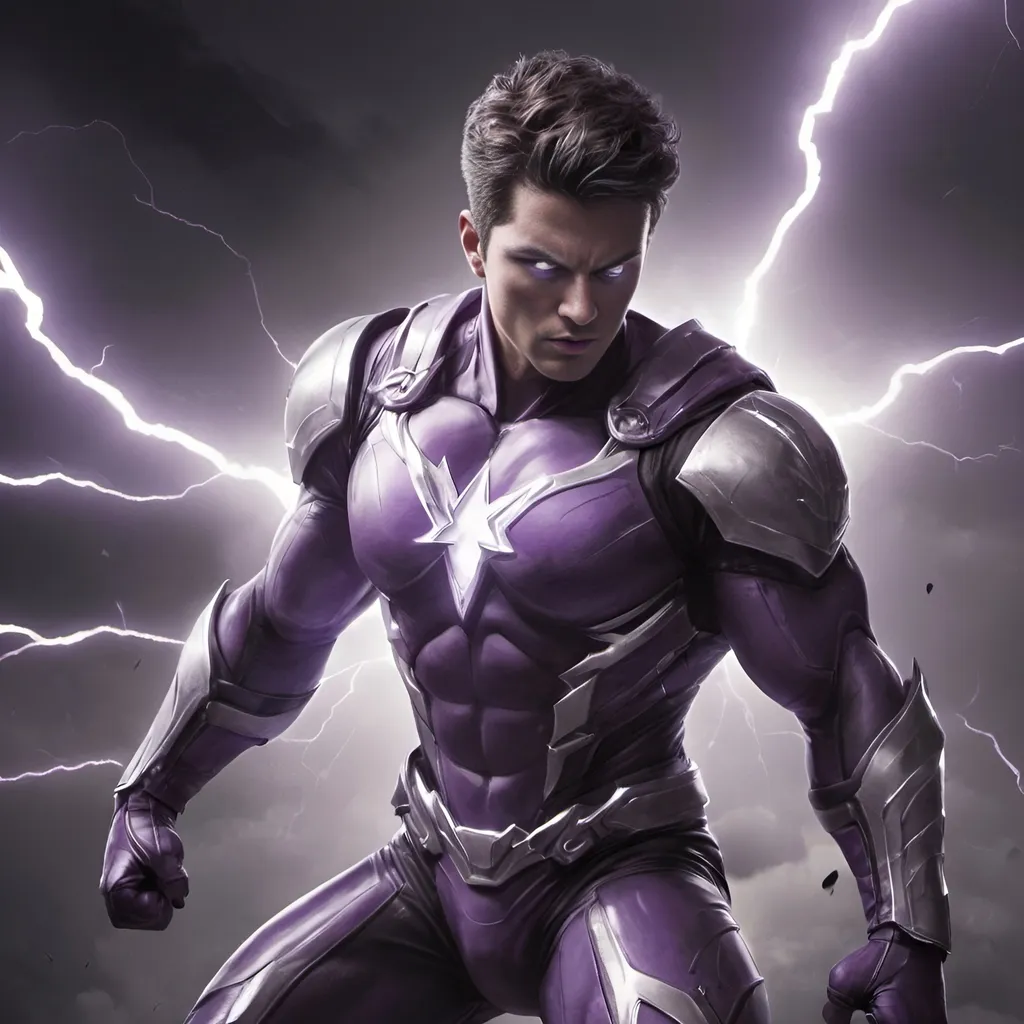 Prompt: Super Hero Purple Thunder with black and white armor and symbol, dynamic high quality, comic book style, dramatic lighting, powerful stance, superhero illustration, superhero, lightning effects, dynamic, black and white armor, symbol, high quality, powerful stance, without mask, brown  short Hair, white skin and purple Eyes