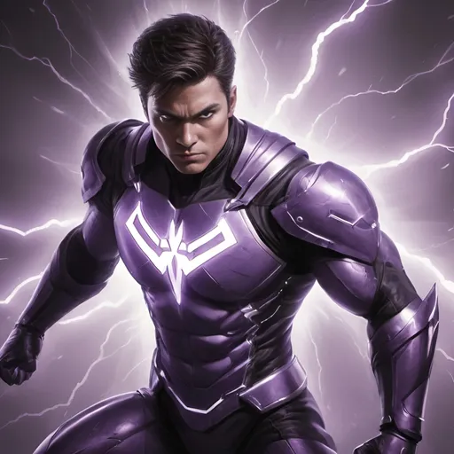 Prompt: Super Hero Purple Thunder with black and white armor and symbol, dynamic high quality, comic book style, dramatic lighting, powerful stance, superhero illustration, superhero, lightning effects, dynamic, black and white armor, symbol, high quality, powerful stance, without mask, brown  short Hair, white skin and purple Eyes