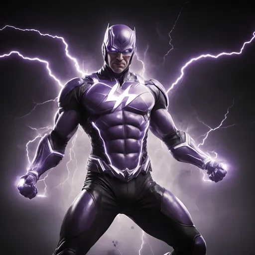 Prompt: Super Hero Purple Thunder with black and white armor and symbol, dynamic lightning effects, high quality, comic book style, dramatic lighting, powerful stance, superhero illustration, superhero, lightning effects, dynamic, black and white armor, symbol, high quality, comic book style, dramatic lighting, powerful stance