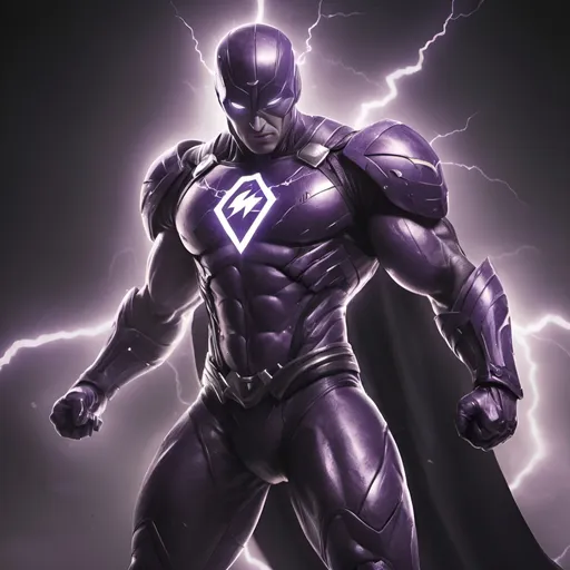 Prompt: Super Hero Purple Thunder with black and white armor and symbol, dynamic lightning effects, high quality, comic book style, dramatic lighting, powerful stance, superhero illustration, superhero, lightning effects, dynamic, black and white armor, symbol, high quality, comic book style, dramatic lighting, powerful stance