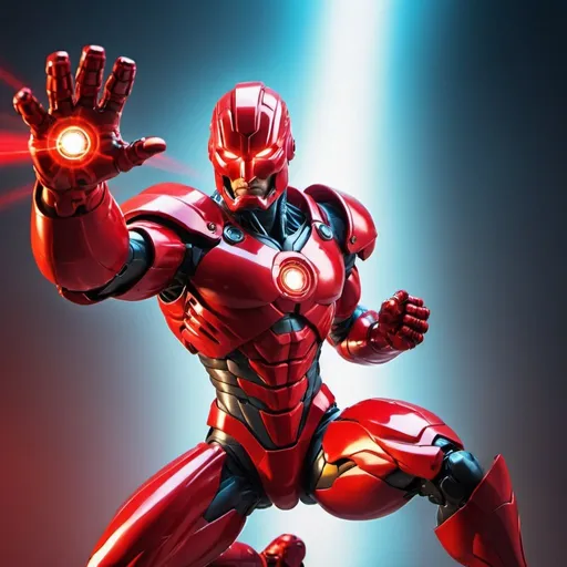 Prompt: Superhero named laser cannon, bionic left arm, red armor and mask, dynamic pose, dynamic effects, high quality, action-packed, vibrant colors, powerful stance, superhero, bionic arm, red armor, dynamic pose, dynamic effects, vibrant colors, intense lighting.