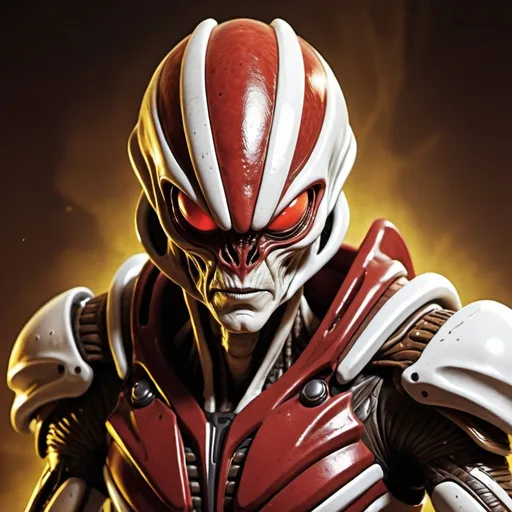 Prompt: Alien with a red face, brown and white Alien Armor, comic book style, red effects, yellow Alien Sword, high resolution, detailed, comic book, alien, a terrible face, brown and white armor, intense expression, professional, dynamic lighting.