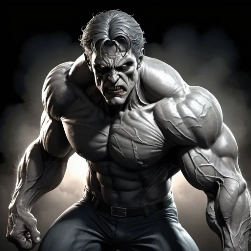 Prompt: Mr. Hyde, muscular superhero, gray zombie-like skin, comic book illustration, intense and dramatic lighting, detailed muscles, powerful stance, high definition, comic book style, dramatic shadows, superhero, zombie, gray tones, intense lighting, muscular physique, powerful presence