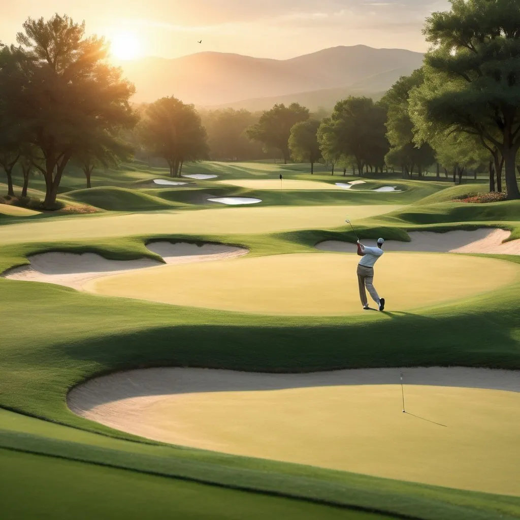 Prompt: Generate an image of a serene golf course landscape with a breathtaking sunrise or sunset. The scene should feature a solitary golfer standing on the course, pausing mid-swing with a peaceful expression on their face. Surround the golfer with lush greenery and gently rolling hills. Convey a sense of tranquility and spiritual connection as the golfer immerses themselves in the beauty of nature and the game.





