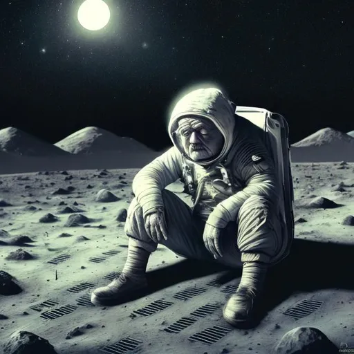 Prompt: Sad old man living alone on the moon