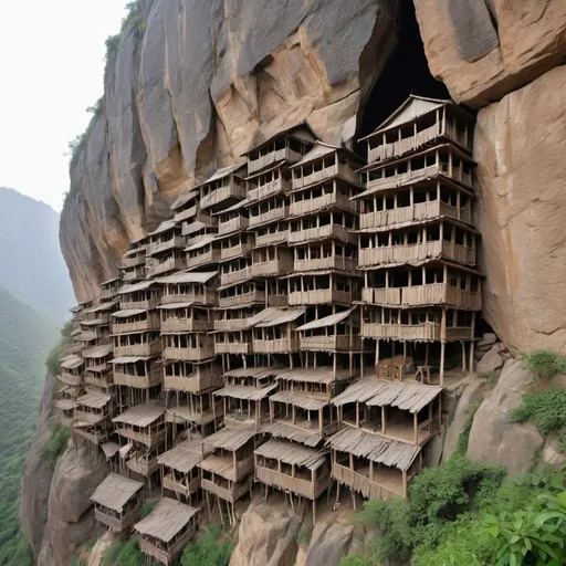 Prompt: Dozens of ancient  wooden shacks built on metal pins hammered into a cliff face, over a sheer drop. The extreme height should be emphasised.  