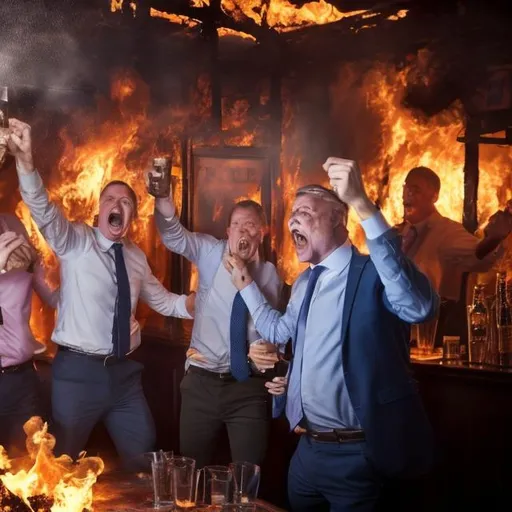 Prompt: Tories going mental in pub on fire