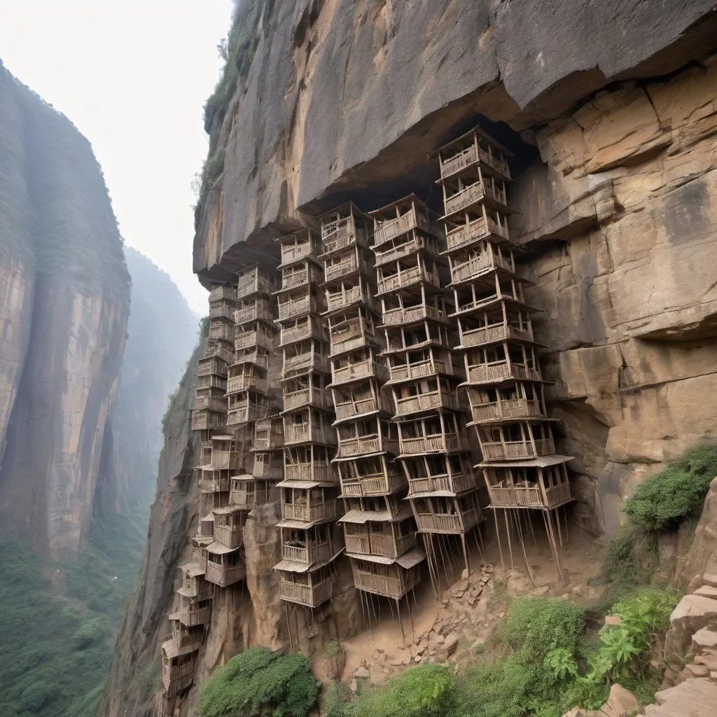 Prompt: Dozens of ancient  wooden shacks built on metal pins hammered into a cliff face, over a sheer drop. The extreme height should be emphasised.  