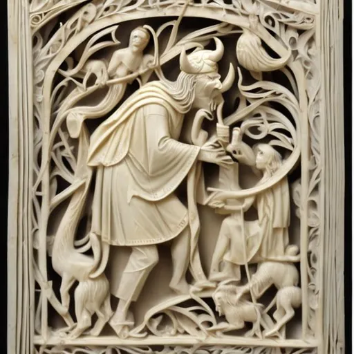 Prompt: Early middle ages style ivory panel depicting the devil