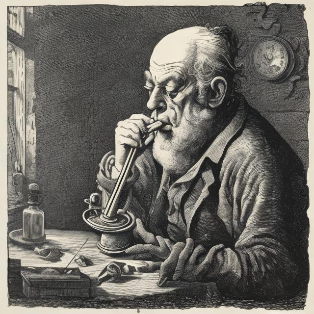 Prompt: Hogarth style engraving of an old man smoking a bong
