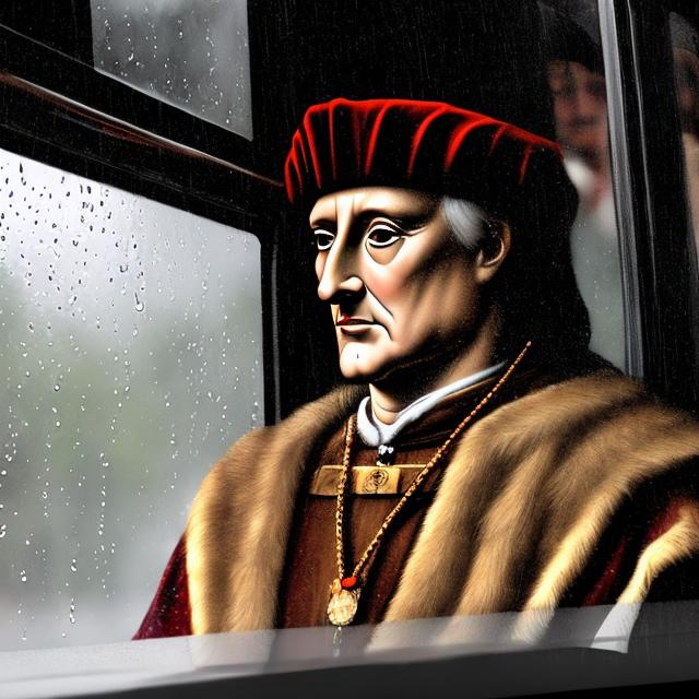 Prompt: Henry VII stares out of a bus window on a rainy day 