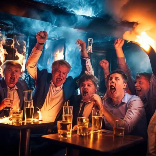 Prompt: Tories going mental in pub on fire
