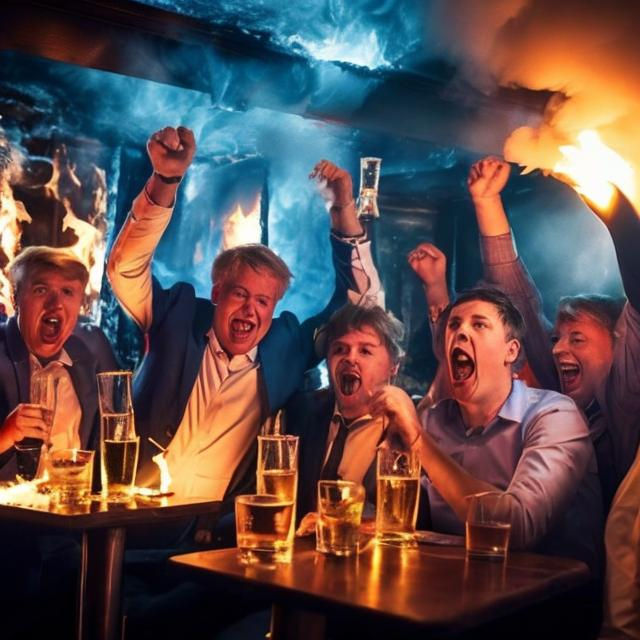 Prompt: Tories going mental in pub on fire