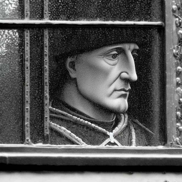 Prompt: Henry VII stares out of a bus window on a rainy day 