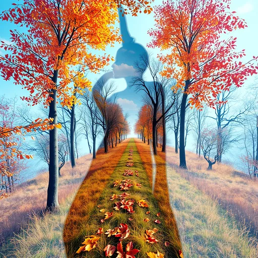 Prompt: visual ilusion, mind trick, 3d effect, double exposure, where the viewer feels a sense of vertiginous dizziness as the autumn landscape subtly warps into the shape of a woman's body, with vivid hues of blue and white, contrasting soft pastel tones and vivid natural textures that mimic the feel of plastic, watercolor, and alcohol ink, blending seamlessly together to create a mesmerizing optical illusion, ultra high definition, ultra high resolution, with a (hyper-realistic, sharp focus) that brings out the intricate details of the scene, the composition has ((optical symmetry)) which is reinforced by the viewer's sense of motion blur at the edges of the image, ultra realistic, ultra high detailed quality of the artwork to create a highly immersive visual experience at the viewer's end. The scene has ((natural textures)) which are enhanced by ((volumetric lighting)) that creates a (subtle shimmering reflection) of light from the viewer's perspective.