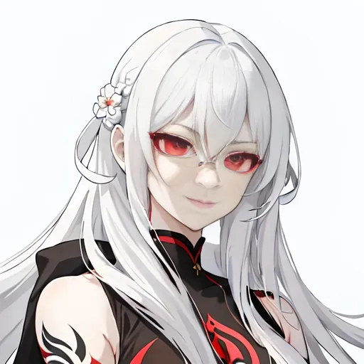 Prompt: Half body portrait of an adult female monk warrior with extremely long and messy hair. She has white hair with black tips, pale white skin like snow, bright fiery red eyes with black pupils. She has a sly smile and a psychotic look. She has a feminine face, dark clean eyeliner. Her torso is wrapped up in white bandages. She has black flower tattoos completely covering both arms. The scenery is a lush green forest.