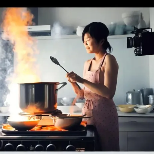 Prompt: A lady cooking inside the kitchen while filming herself