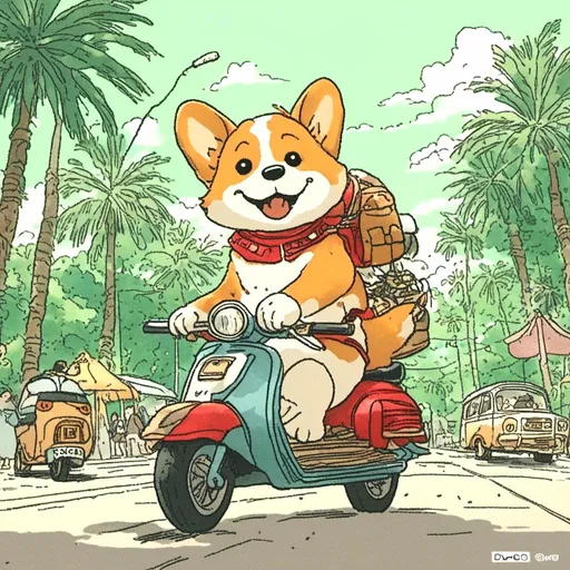 Prompt: <mymodel> ginger corgi in red helmet drives scooter in thailand, palms, thailand vibe