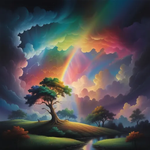 Prompt: a rainbow appears in the sky above a tree and clouds at night time with a dark sky and trees, Derold Page, magic realism, colorful clouds, an airbrush painting