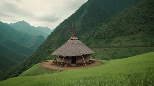 Prompt: An extreme wide cinematic shot of a  tribe hut on a green hill while beautiful vally and  show mountain all around.