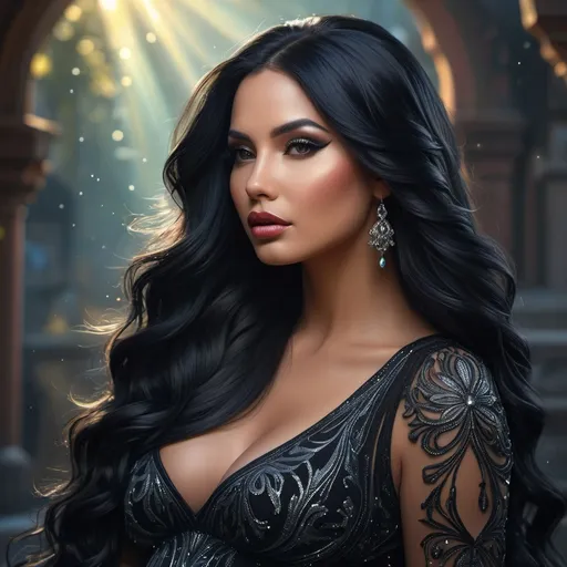 Prompt: A beautiful pregnant latina woman with long black flowing hair. Intense and captivating look. Skin and face painted with black glitter. Lips painted black. Long, wavy, black hair. italy background,. Illustrative art, art interpretation, concept art, cgsociety contest winner, season art, season art hd, 4k, 8k, intricate, detailed, intricately detailed, luminous fantasy translucent ghostly crystal, holographic data, soft body, shadow play, light, fog, atmospheric, cinematic, light film, hyper detailed, hyper realistic, masterpiece, atmospheric, high resolution, 8k, HDR, 500px, mysterious and ornate digital art, photic, intricate, fantasy aesthetic +8k, warm glow