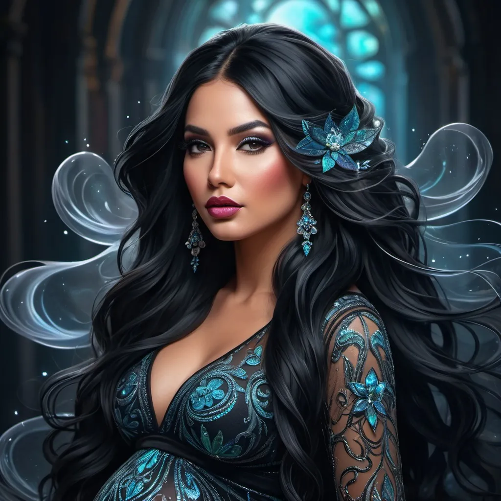 Prompt: A beautiful pregnant latina woman with long black flowing hair. Intense and captivating look. Skin and face painted with black glitter. Lips painted black. Long, wavy, black hair. italy background,. Illustrative art, art interpretation, concept art, cgsociety contest winner, season art, season art hd, 4k, 8k, intricate, detailed, intricately detailed, luminous fantasy translucent ghostly crystal, holographic data, soft body, shadow play, light, fog, atmospheric, cinematic, light film, hyper detailed, hyper realistic, masterpiece, atmospheric, high resolution, 8k, HDR, 500px, mysterious and ornate digital art, photic, intricate, fantasy aesthetic +8k, warm glow