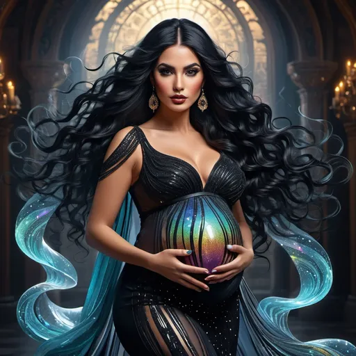 Prompt: A beautiful full body pregnant latina woman with long black flowing hair. Intense and captivating look. Skin and face painted with black glitter. Lips painted black. Long, wavy, black hair. italy background,. Illustrative art, art interpretation, concept art, cgsociety contest winner, season art, season art hd, 4k, 8k, intricate, detailed, intricately detailed, luminous fantasy translucent ghostly crystal, holographic data, soft body, shadow play, light, fog, atmospheric, cinematic, light film, hyper detailed, hyper realistic, masterpiece, atmospheric, high resolution, 8k, HDR, 500px, mysterious and ornate digital art, photic, intricate, fantasy aesthetic +8k, warm glow