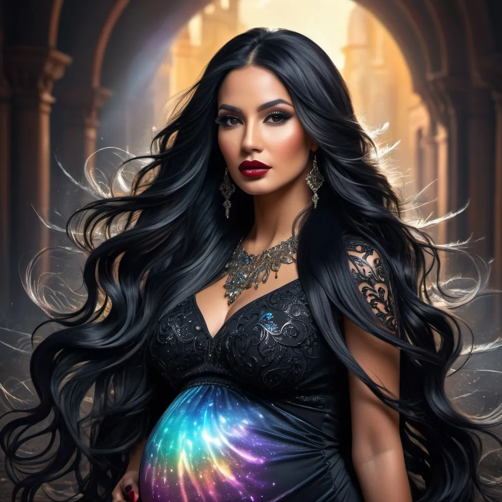 Prompt: A beautiful full body pregnant latina woman with long black flowing hair. Intense and captivating look. Skin and face painted with black glitter. Lips painted black. Long, wavy, black hair. italy background,. Illustrative art, art interpretation, concept art, cgsociety contest winner, season art, season art hd, 4k, 8k, intricate, detailed, intricately detailed, luminous fantasy translucent ghostly crystal, holographic data, soft body, shadow play, light, fog, atmospheric, cinematic, light film, hyper detailed, hyper realistic, masterpiece, atmospheric, high resolution, 8k, HDR, 500px, mysterious and ornate digital art, photic, intricate, fantasy aesthetic +8k, warm glow