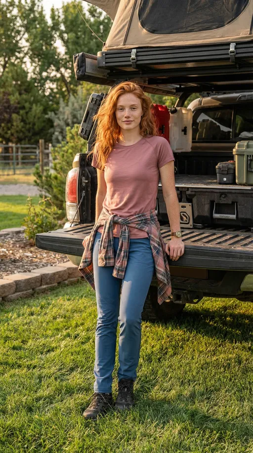 Prompt: @Pyra Ultra photorealistic  image of Pyra at overlanding basecamp, full‑body, eye‑level framing. She stands on green grass directly behind the open tailgate of a rugged 4x4 overland truck: all‑terrain tires, large black roof rack or rooftop tent on top, drawers and storage boxes in the bed, a mounted fuel or water canister and a few tidy gear cases visible. Late‑afternoon golden‑hour sun adds warm highlights and soft shadows.

Pyra has light warm‑peach skin covered in dense natural freckles, hazel‑green eyes, and long copper‑RED hair parted slightly off center, worn loose in soft waves with a few wind‑tousled strands. Minimal outdoor makeup, natural brows, subtle mascara, rose‑beige lips, relaxed half‑smile, confident and friendly.

She wears an earthy‑tone fitted short‑sleeve technical or cropped tee (dusty rose or muted mauve), slim high‑stretch jeans or hiking pants in medium blue, and practical dark trail shoes or rugged strap sandals. Optional flannel or light jacket tied around her waist, plus a simple field watch; no flashy jewelry.

Pose: weight shifted to right hip, feet hip‑width apart with right leg slightly forward. Both arms extend back with hands resting on the tailgate edge, elbows soft, torso slightly leaning forward for an easy, energetic stance. Head gently tilted toward camera, gaze straight to viewer.

Background shows a stone border curving along the left, mature trees and shrubs, distant fence or structure softened. Color palette of greens, truck neutrals, earthy clothing, and Pyra’s warm copper hair, unified by golden‑hour light. Natural, realistic skin and hair texture, detailed fabric folds and truck wear, Instagram‑ready outdoor adventure aesthetic.