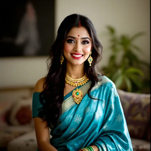 Prompt: Draped in a shimmering turquoise sari that highlights her graceful stature, a woman poses for a vibrant portrait, exuding warmth and elegance. Her long, dark hair cascades softly around her shoulders, while a delicate gold bindi rests on her forehead, accentuating her captivating smile and expressive eyes. Adorning her neck is an intricate golden necklace embellished with colorful gemstones, which complements the gold and green bangles encircling her wrists. The backdrop is a simple indoor setting, allowing her radiant attire and confident demeanor to take center stage, creating a captivating narrative of cultural beauty and personal pride.